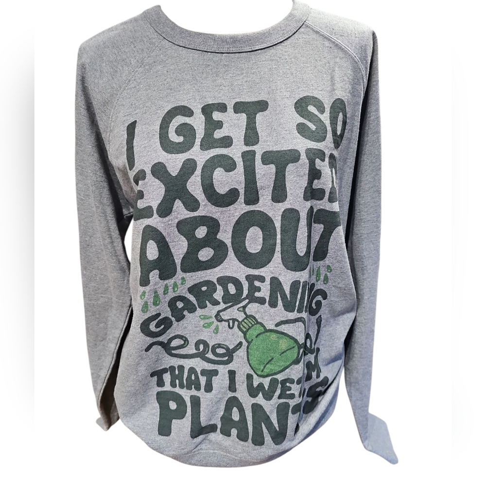 Gray Graphic Crewneck Sweater with Green Gardening Print
